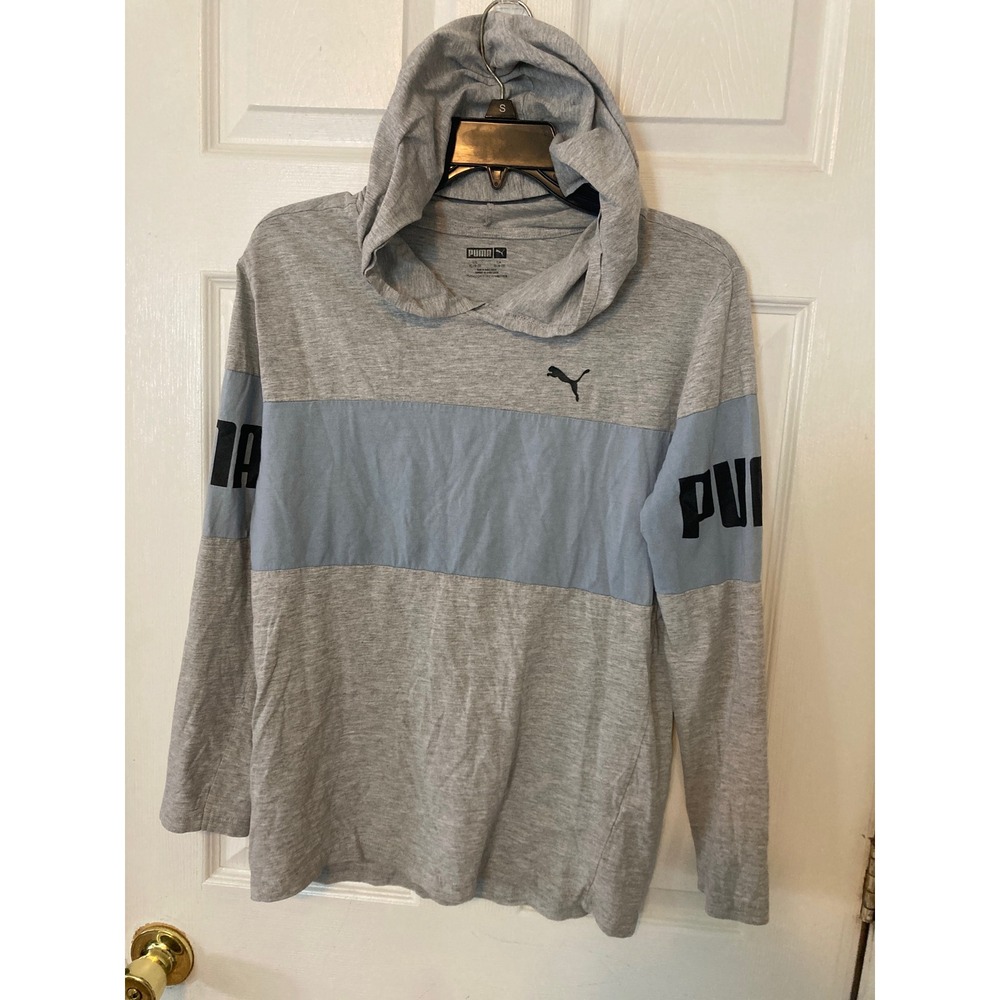 Puma Boys XL 18-20 Hooded Long Sleeve Shirt Gray Blue Colorblock Logo Tee